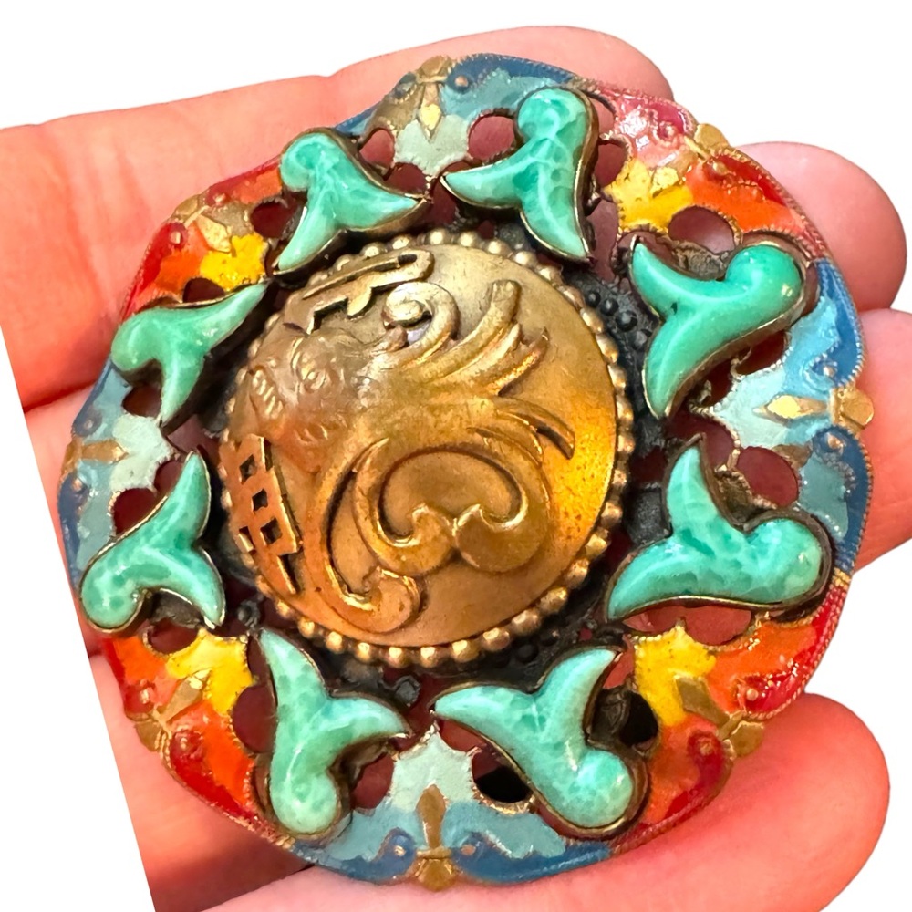 RARE Antique Max Neiger Chinese style eagle enameled brooch
